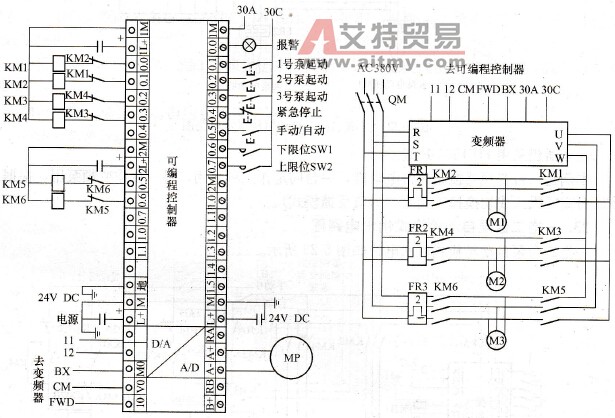 PLC控制变频调速恒压供水原理图