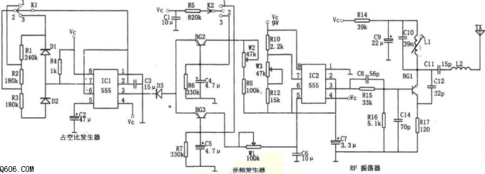 用NE555和LM909制作的多功能遥控电路图