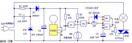 自锁功能走廊自控灯电路图