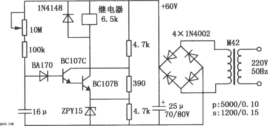 时长1分钟的晶体管继电器延时吸合电路图