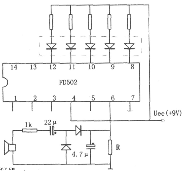 用FD502做的五位LED显示音响功率指示电路图