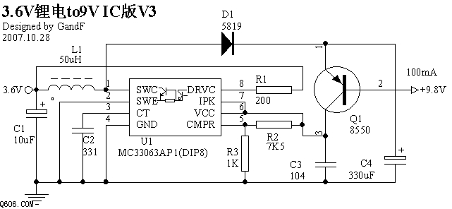 用MC34063做3.6V 电转9V电路图