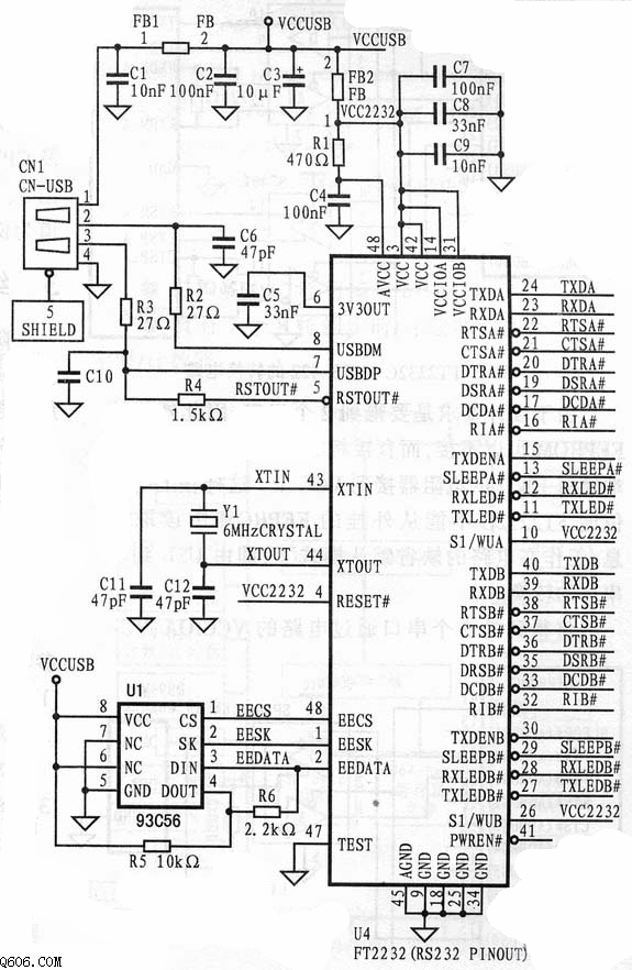 USB转RS232双串口电路图