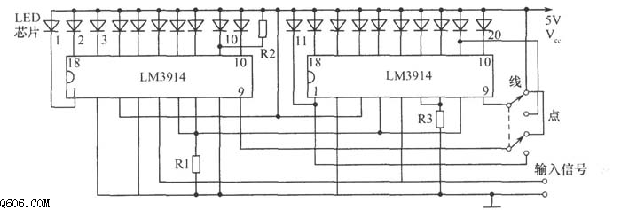LM3914驱动20条LED发光柱电路图