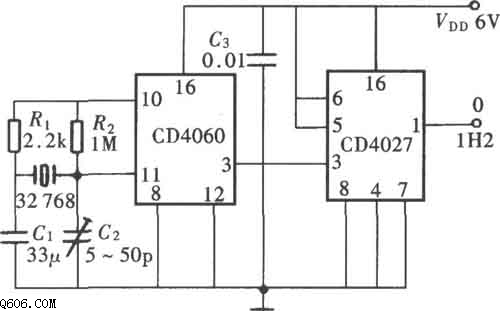 CD4060、CD4027制作的1Hz时钟信号源电路图