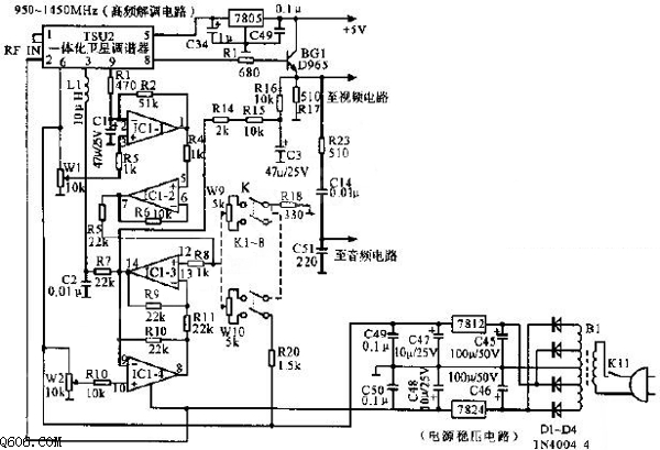卫星电视接收机高频解调及电源电路图