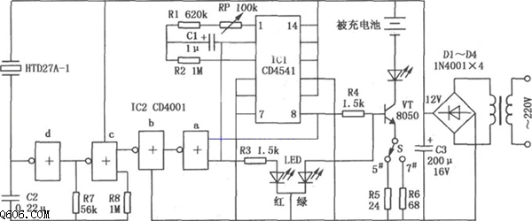 CD4541镉镍电池自动充电电路图