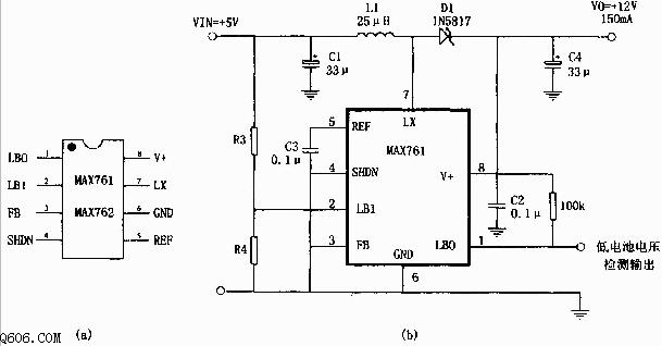 采用MAX761设计的5V转12V开关电源电路图