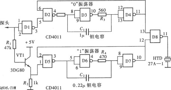 用门电路组成的发声型逻辑笔(CD4011)