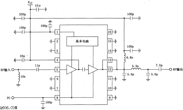 RF2104构成的830MHz中功率放大器原理电路图