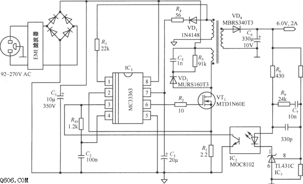 MC33363构成的6V／2A隔离式电源电路图