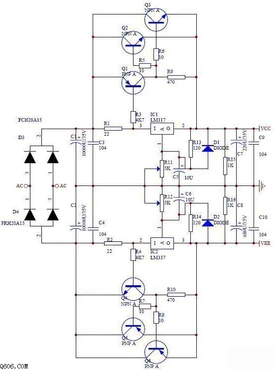 LM317/LM337正负稳压扩流电源电路图