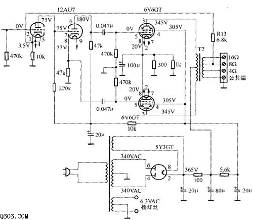 用6v6gt胆机制作的推挽功率放大器电路图