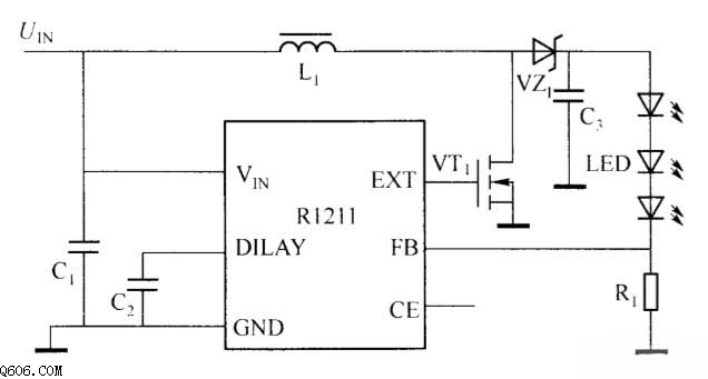 R1211驱动白光LED应用电路图