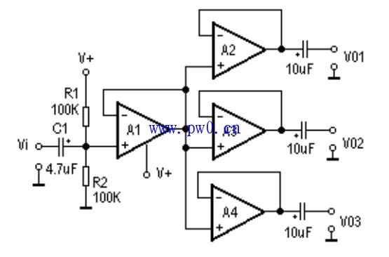 lm324交流信号三分配放大器电路图